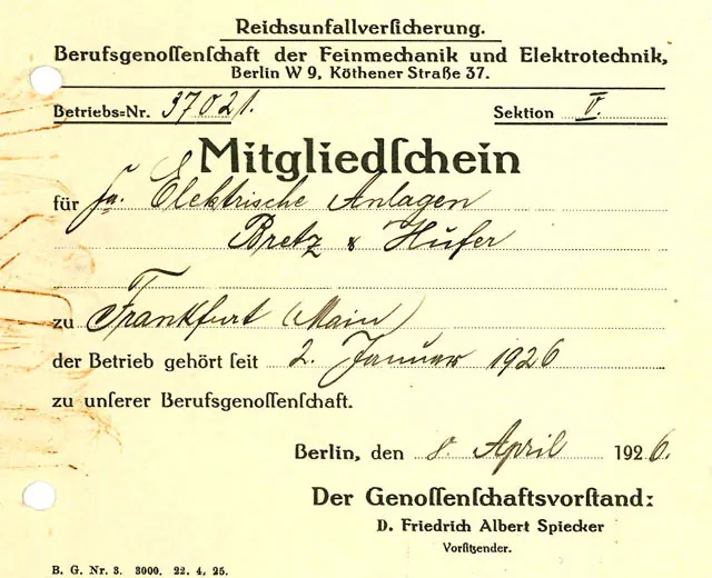 Mitgliedsschein Reichsunfallversicherung (1926)
